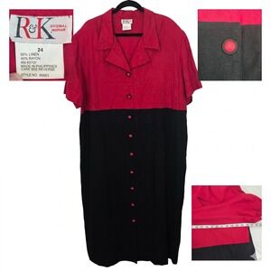 Vintage‎ R and K Original Woman Linen Blend Colorblock Dress Plus 24 Red Black
